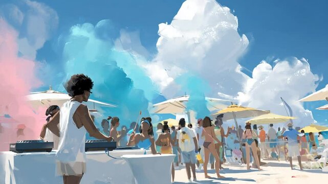 Vibrant Beach Party With DJ and Colorful Smoke at Sunny Seaside Generative AI
