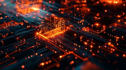 Fototapeta premium Illuminated Circuit Board: A macro shot of a sophisticated circuit board glows with an intricate network of circuits, radiating an aura of technological innovation and connectivity. 