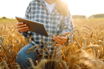 Close-up of young female farmer with digital tablet working in agricultural field. Female...