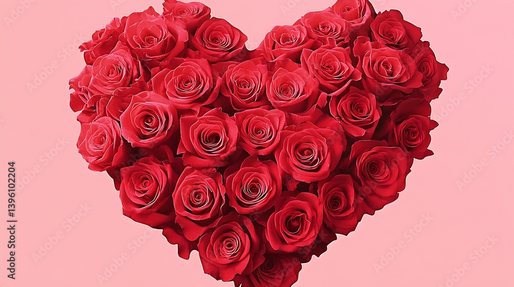 Poster stunning collection of red roses creatively styled into a heart on a soothing pink background : gene