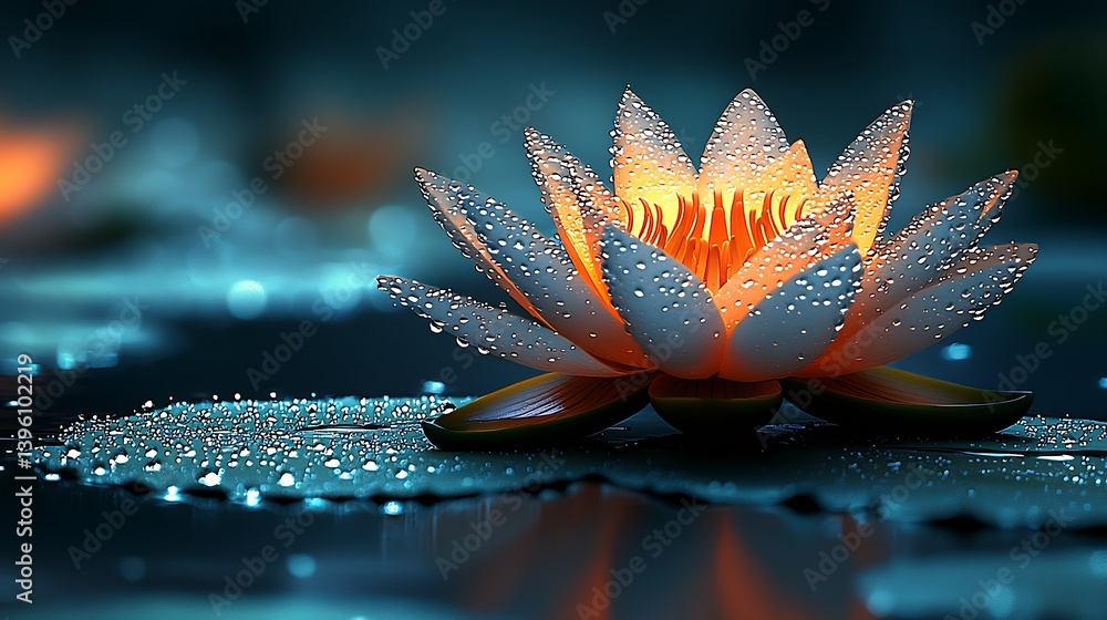 Poster vibrant white and orange water lily surrounded by droplets in tranquil pond setting with soft lighti