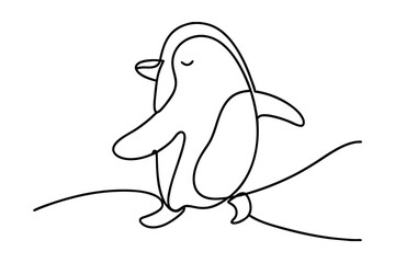 Cute Penguin Walking On The Ice,One Line Drawing Animal Illustration