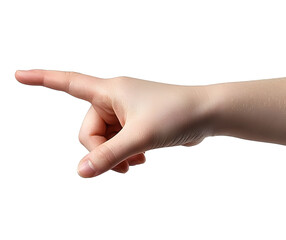 Female hand with index finger outstretched, pointing downward as if pressing or selecting an invisible button. Gesture symbolizing interaction, decision-making, or digital selection. Isolated on white