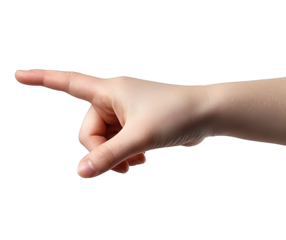 Female hand with index finger outstretched, pointing downward as if pressing or selecting an invisible button. Gesture symbolizing interaction, decision-making, or digital selection. Isolated on white