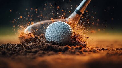 Exciting close up view of a golf ball being struck with a club creating a sprinkle of sand dust : Generative AI