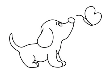 Cartoon Puppy Dog Looking At Butterfly Outlined Black On White Background
