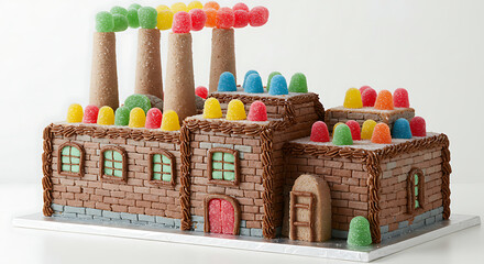 Gingerbread building shaped like a factory with colorful candy smoke.