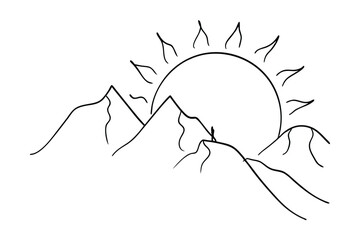 Minimalist Mountains Sunrise Illustration Black Line Art On White Background Vector
