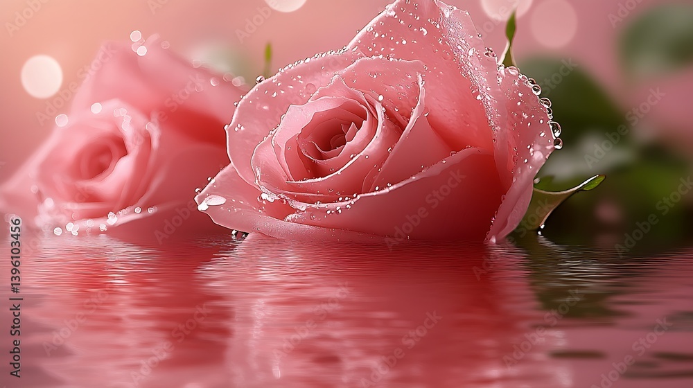 Aufkleber charming pink roses adorned with water droplets reflecting tranquility in a soft and gentle ambiance