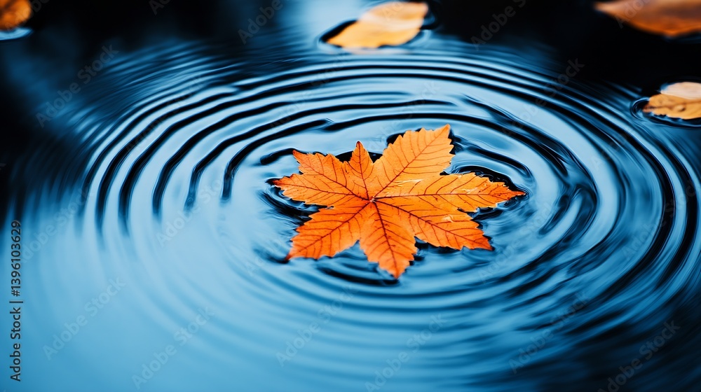 Poster vibrant orange leaf floating on calm water surface creating mesmerizing ripples in autumn ambiance :