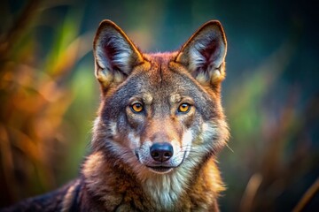Fototapeta premium Majestic Red Wolf Portrait: Vintage Style Wildlife Photography - Endangered Species Conservation