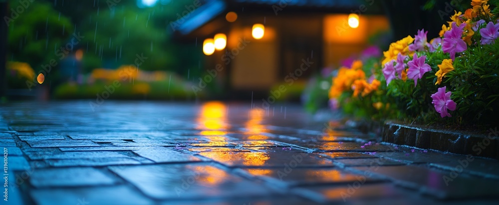 Poster charming rainy evening with flowering plants and soft lights illuminating a pathway : generative ai