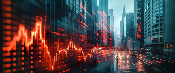 Fototapeta premium Digital indicators and declining graphs of a market crash superimpose over a contemporary scene. Concept of a market crash in double exposure.