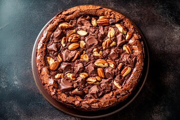 Obraz premium Richly baked brownie cake topped with melted chocolate chips and pecans, beautifully arranged on a dark plate in a warm and welcoming kitchen atmosphere