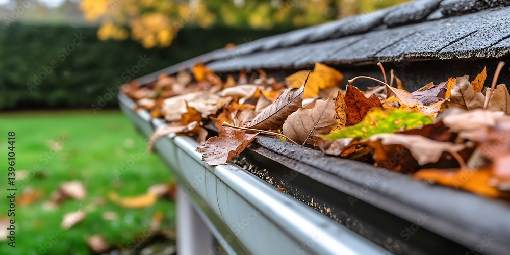 Poster autumn leaves accumulated in gutter with blurred garden background : generative ai