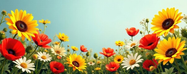 Obraz premium Vibrant sunflowers, poppies, daisies in full bloom border , flora, yellow