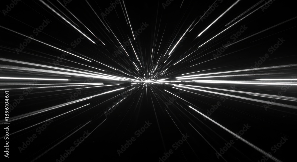 Poster abstract black and white image featuring radiating light lines creating a sense of movement and spee