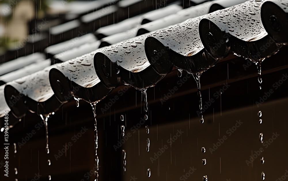 Poster artistic capture of raindrops trickling down a tiled roof creating a calming atmosphere : generative