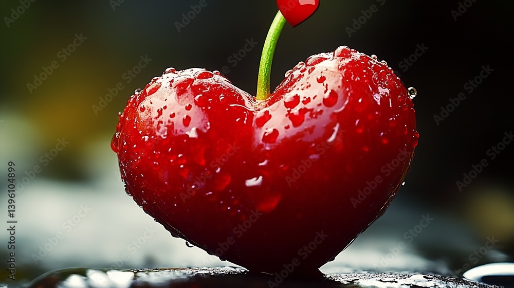 Poster Vivid close-up of a heart-shaped cherry glistening with droplets on a soft blurred backdrop : Generative AI