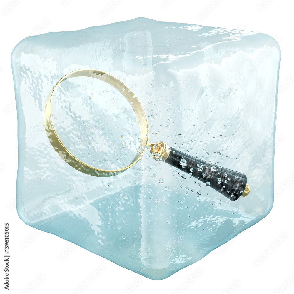 Poster loupe frozen in ice cube. frozen search, concept. 3d rendering isolated on transparent background