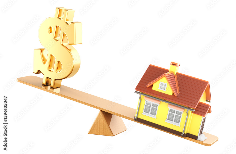 Poster house and dollar symbol balance, concept. 3d rendering isolated on transparent background