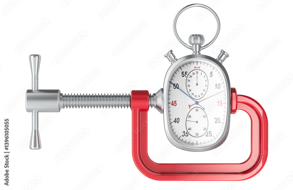 Poster stopwatch squeezed in a clamp, 3d rendering isolated on transparent background