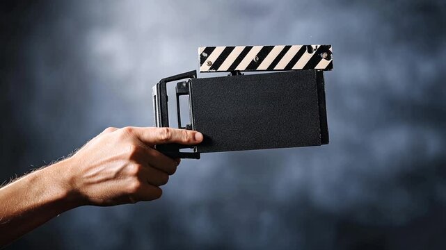 A hand holding a classic film clapperboard against a blurred dark background, signaling a movie scene