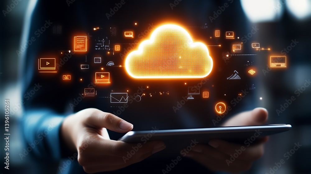 Poster Hands of a user holding a tablet showcasing vibrant cloud graphics for digital innovation : Generative AI