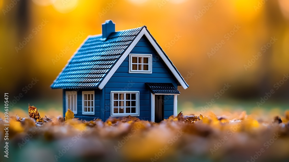 Poster charming miniature house surrounded by vibrant autumn leaves with a soft focus background for a warm
