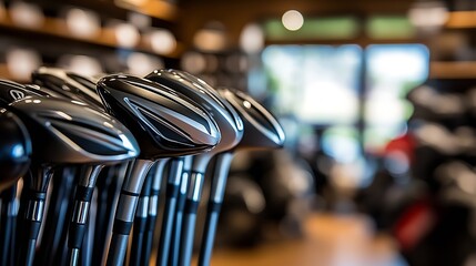 Detailed showcase of premium golf clubs lined up for enthusiastic golfers in a store : Generative AI