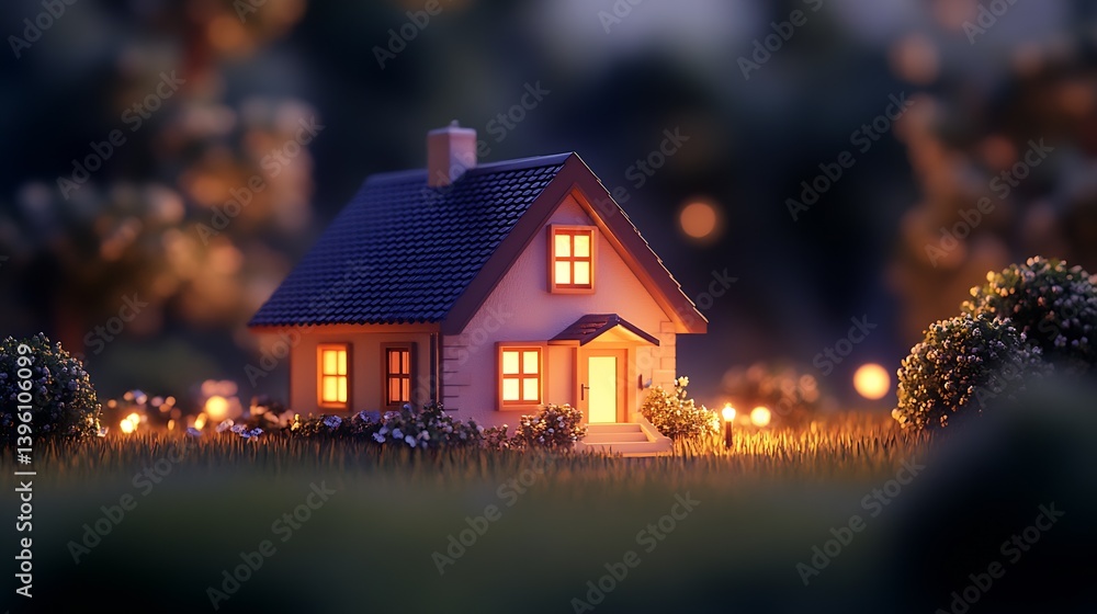 Poster charming miniature house with warm lights glowing at dusk surrounded by lush greenery and soft light