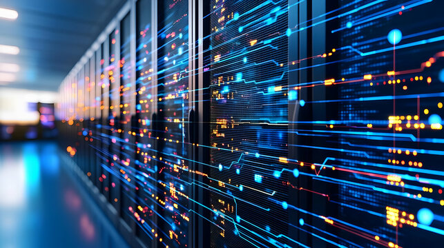 Data Center Interior With Glowing Network Connections