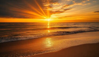 Enchanting golden sunset over ocean with reflective rays on sandy beach and sparkling waves