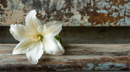 Fototapeta premium A serene arrangement featuring a white flower on an old, rustic bench, evoking a sense of calm and beauty in a natural setting