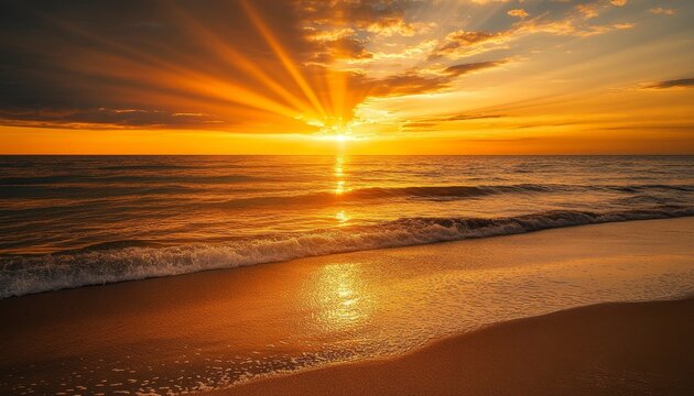 Enchanting golden sunset over ocean with reflective rays on sandy beach and sparkling waves