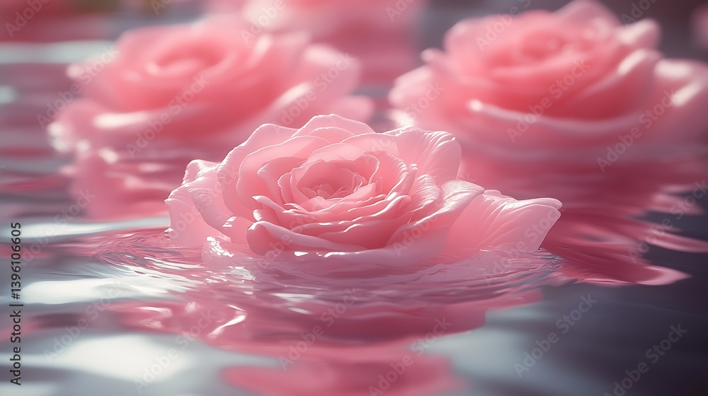 Aufkleber charming pink roses floating gracefully on water's surface under soft lighting for a delightful effe