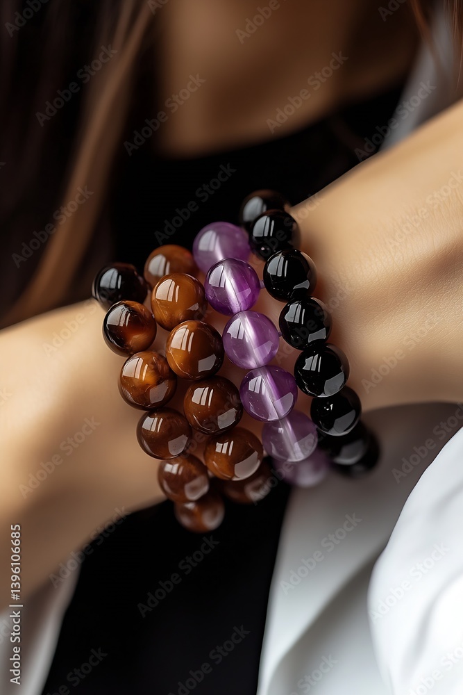 Poster charming display of colorful gemstone bracelets featuring tiger eye, amethyst and quartz on a model'