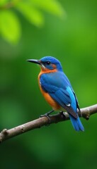 Vibrant blue bird rests on twig, lush greenery bokeh, bush, outdoor, avian
