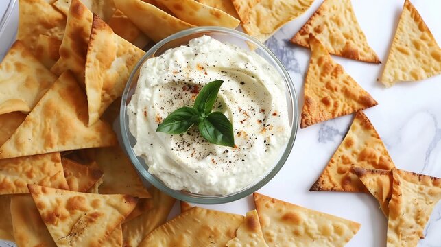 Charred eggplant cumin dip in a glass dish smoky and savory served with pita chips
