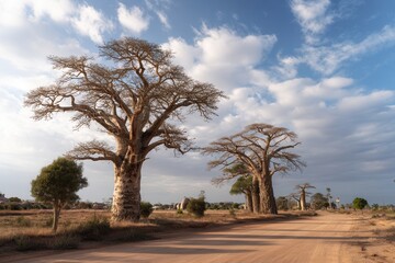 Obraz premium Majestic baobab trees under a cloudy sky in an African landscape.