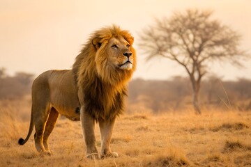 Obraz premium Majestic Lion Portrait Standing Proudly At Sunset In African Savannah With Golden Light Enhancing Its Grace And Power, lion, male lion, african wildlife, wildlife, animal, mammal, predator, carnivore