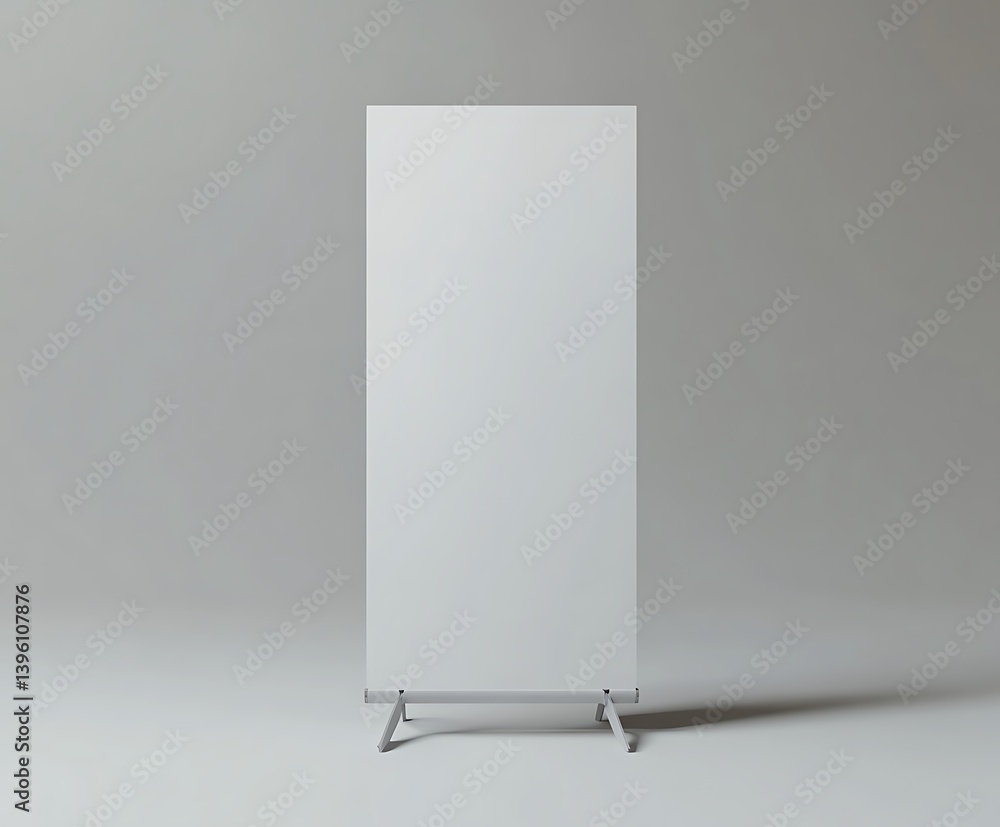 Poster empty white roll up banner stand display isolated on clean gray studio backdrop
