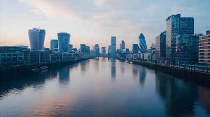 Naklejka premium Modern Cityscape With River Reflection At Sunset