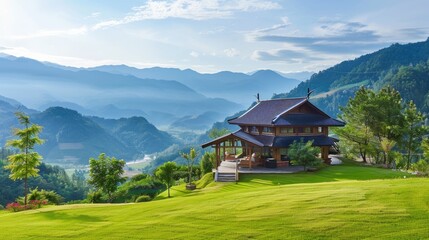 Serene mountain retreat scenic landscape nature photography tranquil environment wide-angle perspective