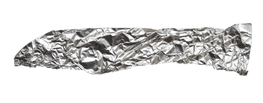 Aluminum wrinkled foil scrap isolated on white background, clipping path	