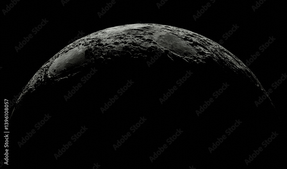 Poster high-resolution image capturing the lunar surface at the edge of dawn, with the sun's light casting 
