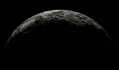 High-resolution image capturing the lunar surface at the edge of dawn, with the sun's light casting subtle shadows across the rugged terrain. photograph showcases the moon's craters. Space dark planet