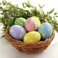 A vibrant basket filled with colorful eggs and fresh flowers on a festive table.