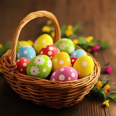 Colorful Easter eggs fill a basket on a table, celebrating the festive holiday spirit.