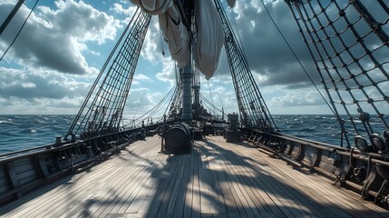 Obraz premium Tall ship deck view with mast sails and ocean under cloudy sky.